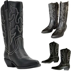 SODA Black Western Embroidered Cowboy Boots Pointed Toe Block Heel Sz 7 Like New